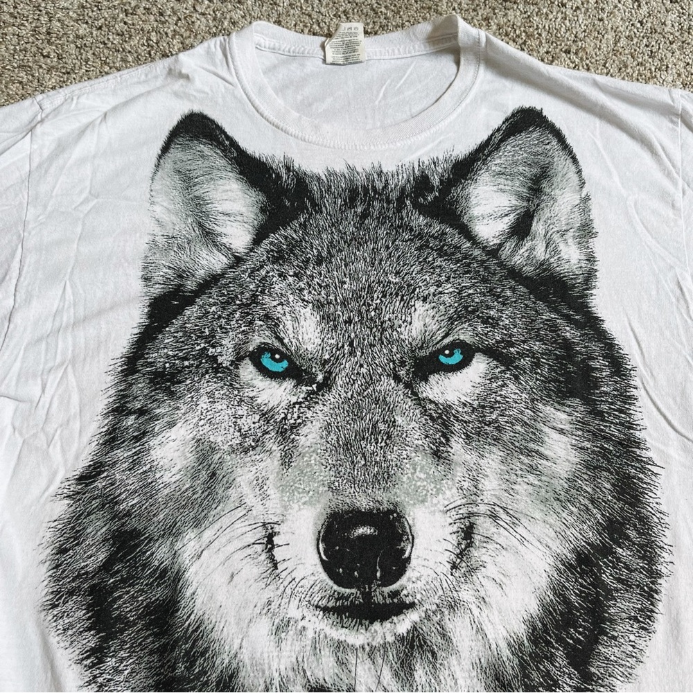 Wolf Graphic Tee Blue Eyes White T Shirt Y2K similar to The Mountain shirts